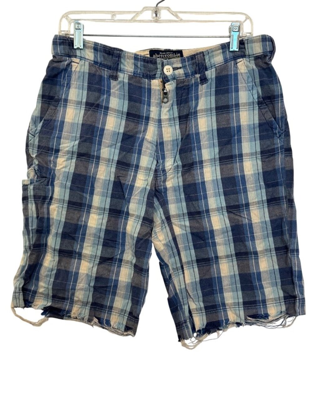 Abercrombie Men’s Plaid Cargo Shorts X-Large Blue Frayed Hem Casual Summer